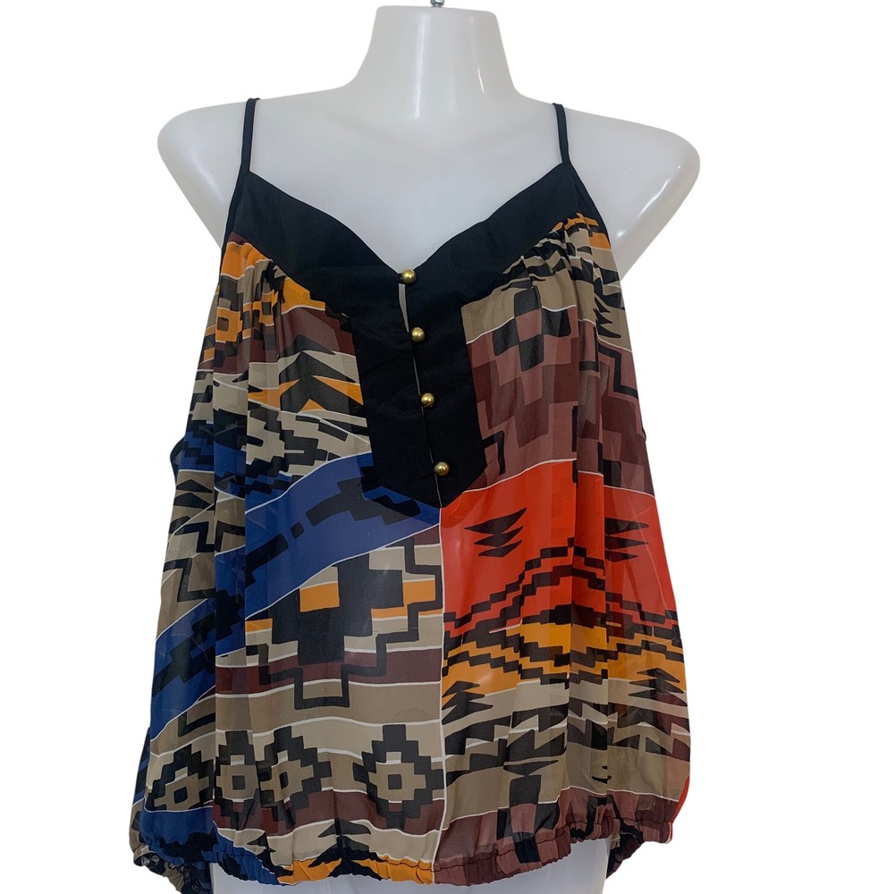 Mind Code Womens‎ L Tribal Geometric Print Chiffon Cami Bubble Hem Chic Tank Top